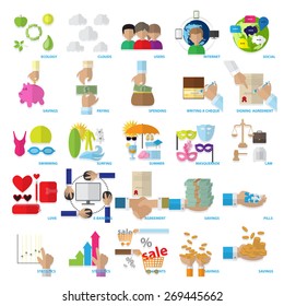 Flat Icons Set: Vector Illustration, Graphic Design. Collection Of Colorful Icons. For Web, Websites, Print, Presentation Templates, Mobile Applications And Promotional Materials        