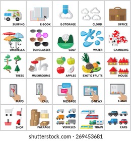 Flat Icons Set: Vector Illustration, Graphic Design. Collection Of Colorful Icons. For Web, Websites, Print, Presentation Templates, Mobile Applications And Promotional Materials