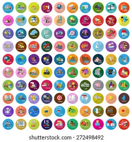 Flat Icons Set: Vector Illustration, Graphic Design. Collection Of Colorful Icons. For Web, Websites, Print, Presentation Templates, Mobile Applications And Promotional Materials 