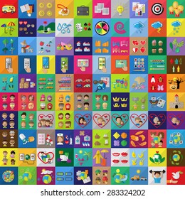 Flat Icons Set: Vector Illustration, Graphic Design. Collection Of Colorful Icons. For Web, Websites, Print, Presentation Templates, Mobile Applications And Promotional Materials