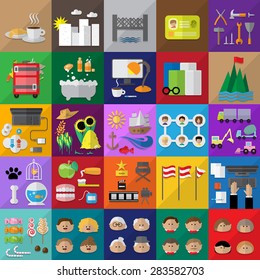 Flat Icons Set: Vector Illustration, Graphic Design. Collection Of Colorful Icons. For Web, Websites, Print, Presentation Templates, Mobile Applications And Promotional Materials 