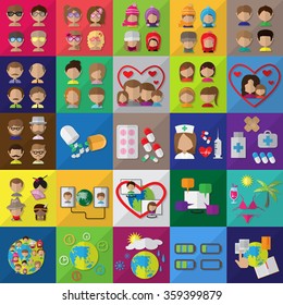 Flat Icons Set: Vector Illustration, Graphic Design. Collection Of Colorful Icons. For Web, Websites, Print, Presentation Templates, Mobile Applications And Promotional Materials