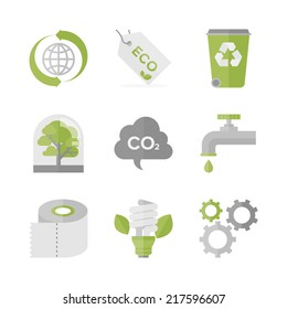 Flat icons set of waste recycling and eco material, ecology and nature conservation, green production and environment protection. Flat design style modern vector illustration concept.