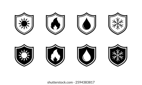Flat icons set of weather and element shields - vector style, black and white design.