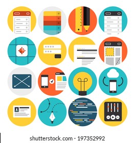 Flat icons set of web design and website development process, mobile user interface prototyping, graphic design sketch workflow. Modern design vector illustration concept. Isolated on white background