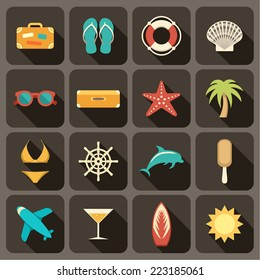 Flat icons set for Web and Mobile Applications. Beach. Vector