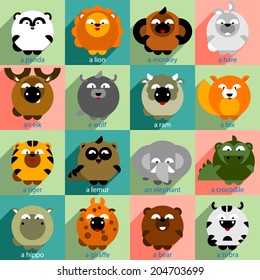 Flat Icons Set with Wild Animals, long shadow, vector
