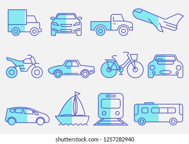 flat icons set,transportation,Airplane,Car,Truck,Bus,Train,Bicycle,Car front,Motorcycle,Pickup truck,Boat,vector illustrations