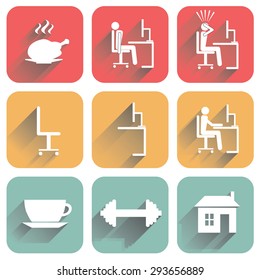Flat icons with shadow of objects of daily routine and office. Isolated on white background.