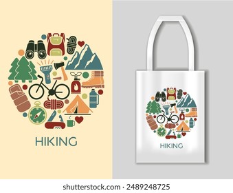 Iconos planos en forma de círculo sobre el tema de senderismo y Ocio al aire libre. Concepto de senderismo con mockup tote bag. Ilustración vectorial