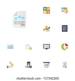 Flat Icons Sheet, Accounting System, Bank And Other Vector Elements. Set Of Accounting Flat Icons Symbols Also Includes Profit, Vault, Booker Objects.
