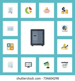 Flat Icons Sheet, Safe, Pie Bar And Other Vector Elements. Set Of Accounting Flat Icons Symbols Also Includes Profit, Dollar, Sheet Objects.