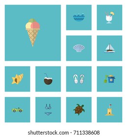 Flat Icons Shell, Sea, Conch And Other Vector Elements. Set Of Season Flat Icons Symbols Also Includes Turtle, Flip, Yacht Objects.
