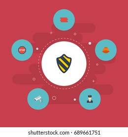 Flat Icons Shield, Camera, Brick Wall And Other Vector Elements. Set Of Procuring Flat Icons Symbols Also Includes Fence, Security, Protection Objects.