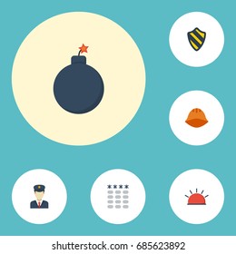 Flat Icons Shield, Policeman, Hardhat And Other Vector Elements. Set Of Security Flat Icons Symbols Also Includes Hardhat, Safe, Dynamite Objects.