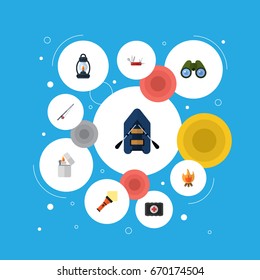 Flat Icons Ship, Fishing, Fist Aid And Other Vector Elements. Set Of Encampment Flat Icons Symbols Also Includes Lamp, Bonfire, Kerosene Objects.