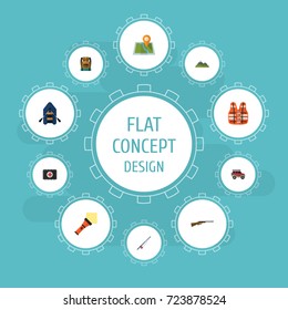 Flat Icons Ship, Hill, Bag And Other Vector Elements. Set Of Camp Flat Icons Symbols Also Includes Mount, Fishing, Lifesaver Objects.