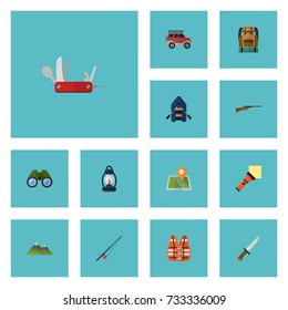 Flat Icons Ship, Lifesaver, Suv And Other Vector Elements. Set Of Camping Flat Icons Symbols Also Includes Fish, Knife, Lighter Objects.