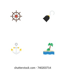 Flat Icons Ship Steering Wheel, Armature, Palm And Other Vector Elements. Set Of Piracy Flat Icons Symbols Also Includes Hook, Seascape, Steering Objects.