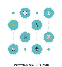 Flat Icons Ship Steering Wheel, Bottle, Direction And Other Vector Elements. Set Of Piracy Flat Icons Symbols Also Includes Rum, Ship, Armature Objects.