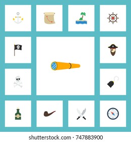 Flat Icons Ship Steering Wheel, Corsair, Banner And Other Vector Elements. Set Of Pirate Flat Icons Symbols Also Includes Armature, Seascape, Corsair Objects.