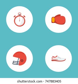 Flat Icons Shoes, Second Meter, Rugby And Other Vector Elements. Set Of Fitness Flat Icons Symbols Also Includes Trekking, Stopwatch, Boxing Objects.