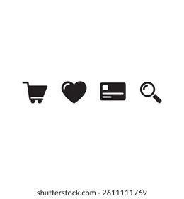 Flat Icons of Shopping Cart, Heart, Credit Card, and Magnifying Glass