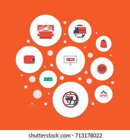 Flat Icons Shopping , Dress Stand , Pouch Vector Elements. Set Of Store Flat Icons Symbols Also Includes Opening, Stand, Handbag Objects.