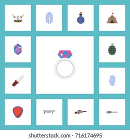 Flat Icons Shotgun, Dynamite, Tent And Other Vector Elements. Set Of  Flat Icons Symbols Also Includes Safe, Mana, Shield Objects.