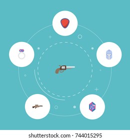 Flat Icons Shotgun, Gem, Warrior And Other Vector Elements. Set Of Game Flat Icons Symbols Also Includes Knight, Helmet, Sniper Objects.
