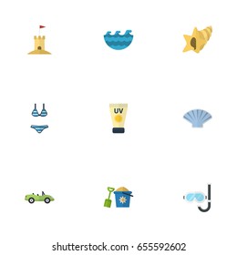 Flat Icons Shovel, Conch, Shell And Other Vector Elements. Set Of Summer Flat Icons Symbols Also Includes Aqualung, Sea, Cream Objects.