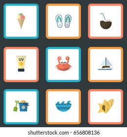 Flat Icons Shovel, Sea, Cocos And Other Vector Elements. Set Of Season Flat Icons Symbols Also Includes Shell, Sand, Coconut Objects.