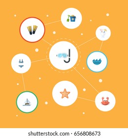 Flat Icons Shovel, Sea, Sailboard And Other Vector Elements. Set Of Summer Flat Icons Symbols Also Includes Drink, Swimming, Starfish Objects.
