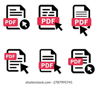 Flat icons showing pdf file opening and interacting