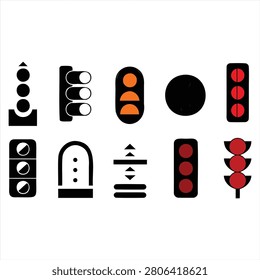 Flat icons showing traffic lights pedestrian signals and crossing symbols in black white orange red