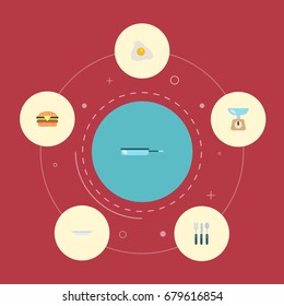 Flat Icons Silverware, Kitchen Measurement, Omelette And Other Vector Elements. Set Of Food Flat Icons Symbols Also Includes Measurement, Frying, Plate Objects.