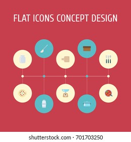 Flat Icons Silverware, Soup Spoon, Spice And Other Vector Elements. Set Of Kitchen Flat Icons Symbols Also Includes Casserole, Board, Soup Objects.