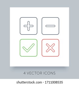 Iconos planos colección simple para aceptados - rechazados, aprobados - desaprobados, sí - no, correcto - incorrecto. Símbolos verdes, rojos y grises. Más, menos, marque y cierre los botones. Conjunto de iconos Ux ui.