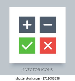 Flat icons simple collection for accepted - rejected, approved - disapproved, yes - no, right - wrong. Green, red and gray web symbols. Plus, minus, check mark and close buttons. Ux ui icons set.
