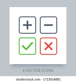 Flat icons simple collection for accepted - rejected, approved - disapproved, yes - no, right - wrong. Green, red and gray web symbols. Plus, minus, check mark and close buttons. Ux ui icons set.