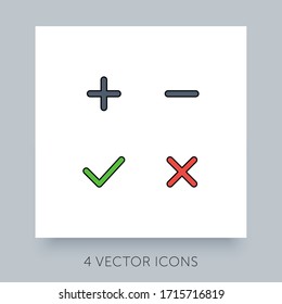 Flat icons simple collection for accepted - rejected, approved - disapproved, yes - no, right - wrong. Green, red and gray web symbols. Plus, minus, check mark and close buttons. Ux ui icons set.
