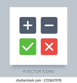 Flat icons simple collection for accepted - rejected, approved - disapproved, yes - no, right - wrong. Green, red and gray web symbols. Plus, minus, check mark and close buttons. Ux ui icons set.