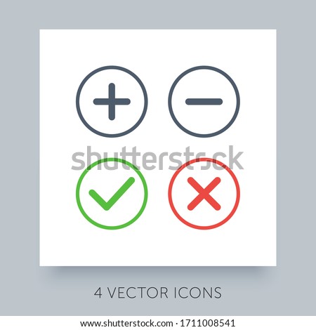 Flat icons simple collection for accepted - rejected, approved - disapproved, yes - no, right - wrong. Green, red and gray web symbols. Plus, minus, check mark and close buttons. Ux ui icons set.