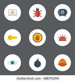 Flat Icons Siren, Explosive, Forbidden And Other Vector Elements. Set Of Security Flat Icons Symbols Also Includes Vault, Look, Security Objects.