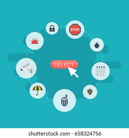 Flat Icons Siren, Explosive, Shield And Other Vector Elements. Set Of Procuring Flat Icons Symbols Also Includes Camera, Warning, Lock Objects.