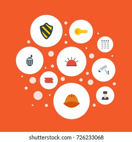 Flat Icons Siren, Keypad, Brick Wall And Other Vector Elements. Set Of Procuring Flat Icons Symbols Also Includes Protection, Password, Ratio Objects.
