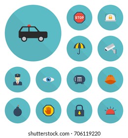 Flat Icons Siren, Lock, Armored Car And Other Vector Elements. Set Of Security Flat Icons Symbols Also Includes Siren, Camera, Stop Objects.
