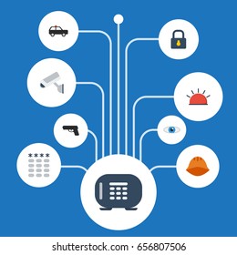 Flat Icons Siren, Vision, Key And Other Vector Elements. Set Of Procuring Flat Icons Symbols Also Includes Helm, Weapon, Armored Objects.