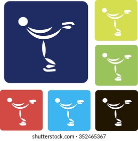 Flat icons, skating, rink. White figure skater on blue, red, blue, black, green, yellow background. Design element, vector