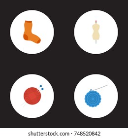 Flat Icons Skein, Knitting, Knitted Socks And Other Vector Elements. Set Of Handmade Flat Icons Symbols Also Includes Hosiery, Skein, Crochet Objects.